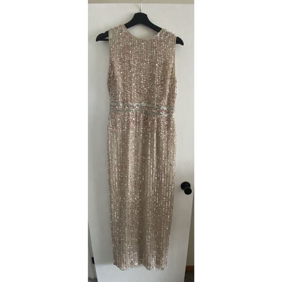 Mac Duggal 93603 Nude Sequined High Neck Sleeveless Column Gown Size8 - Picture 4 of 8